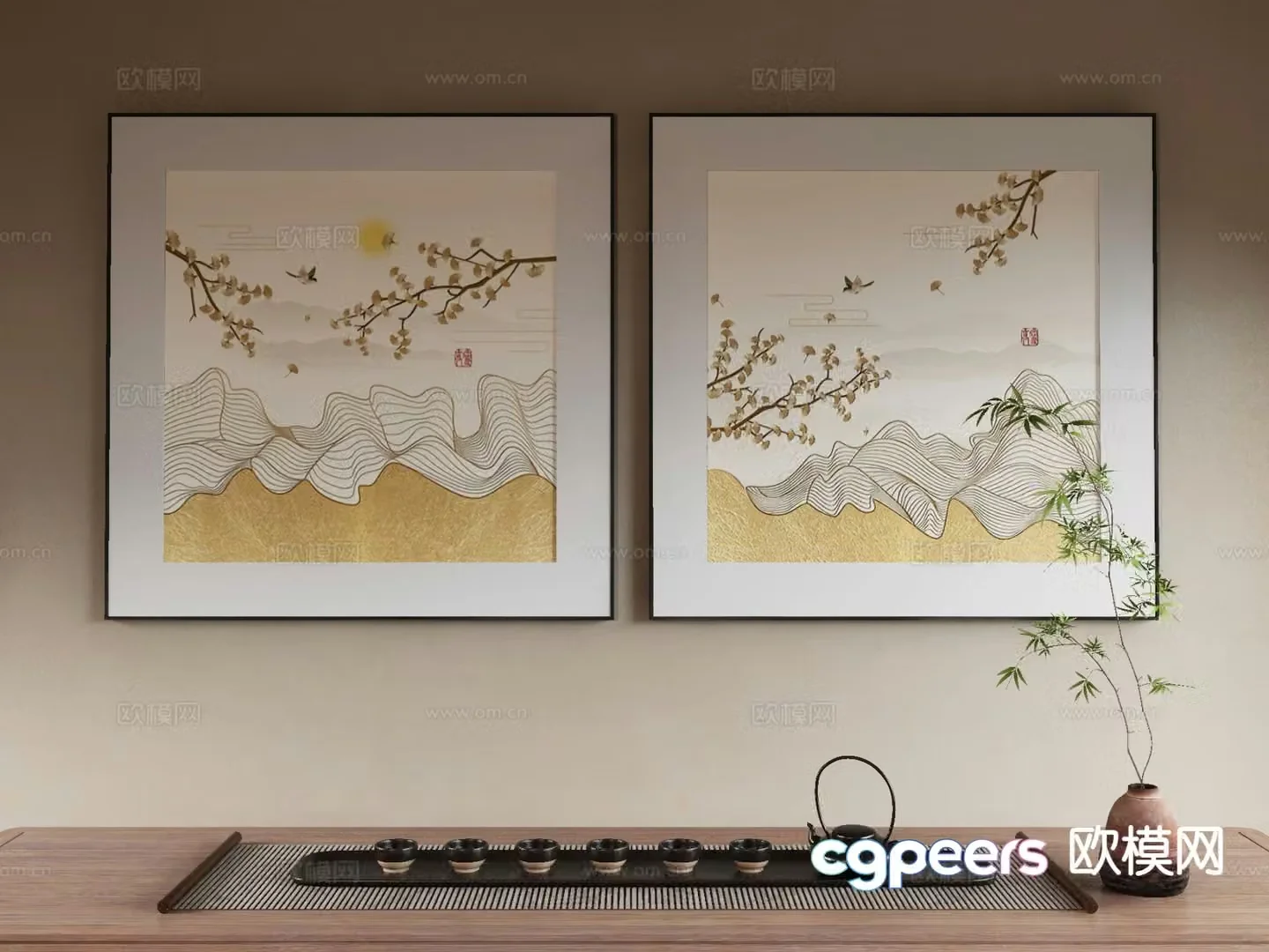 New Chinese style decorative painting Zen hanging painting tea set 3D model