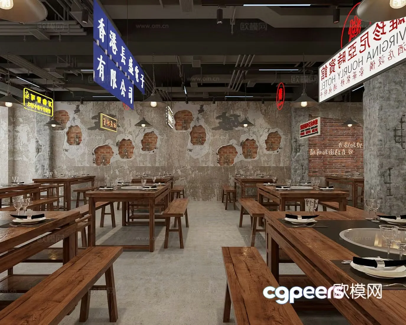 Modern industrial hotpot restaurant Hotpot restaurant dining table and chair combination luminous light sign dilapidated decorative wall 3D model