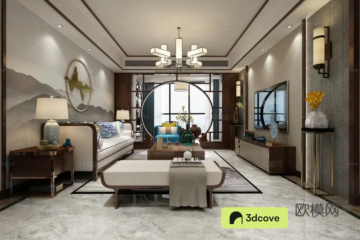 New Chinese style living and dining room sofa coffee table chandeliers TV cabinet painting side cabinet dining table chairs