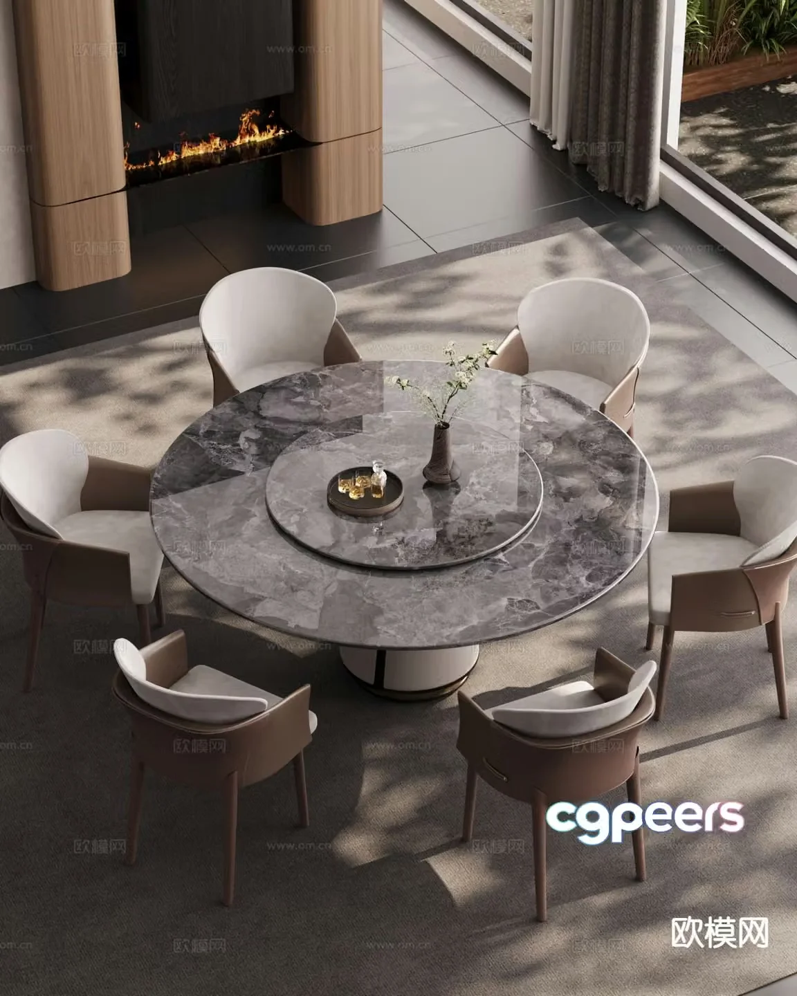 Italian light luxury dining table and chairs round dining table 3D model