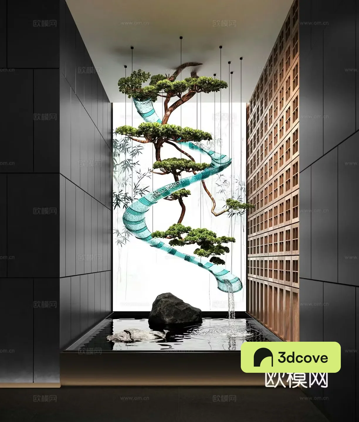New Chinese style indoor water landscape flowing water landscape stone upside down pine trees