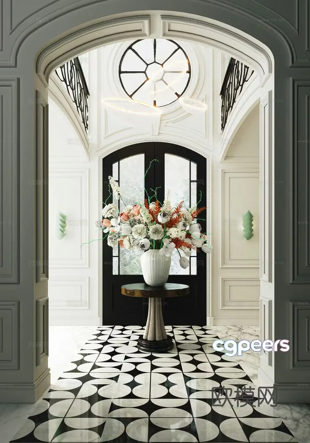 French entrance hall entrance hall round table decorative entrance hall floral vase 3D model