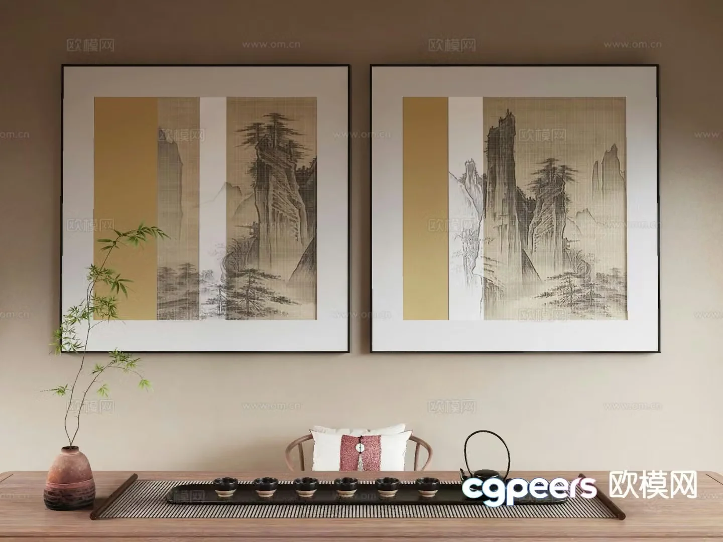 New Chinese style decorative painting Zen hanging painting tea set 3D model