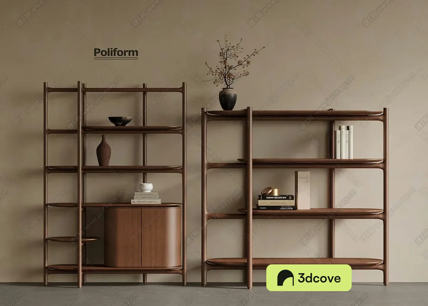 A Bookshelf With Books And Vases On It