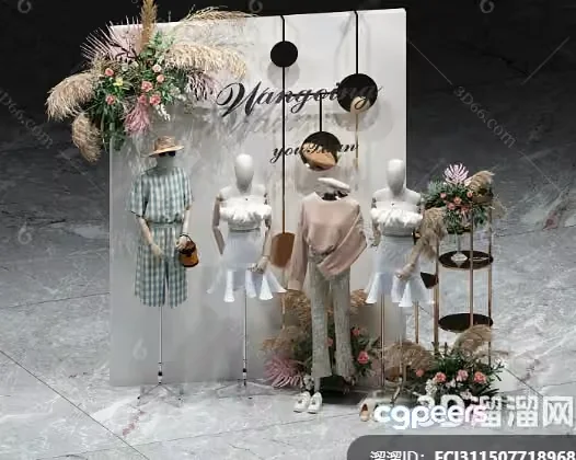 A 3D Rendering Of A Mannequin Display With Flowers And A 3D Model – 13950 – VRAY Render