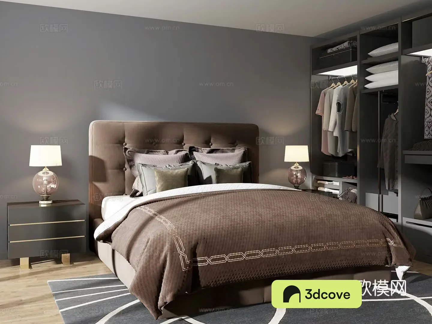 Modern double bed wardrobe bedside counter desk lamp combination