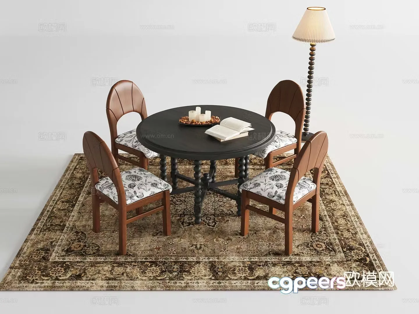 French retro dining table dining chair round dining table solid wood dining table 3d model