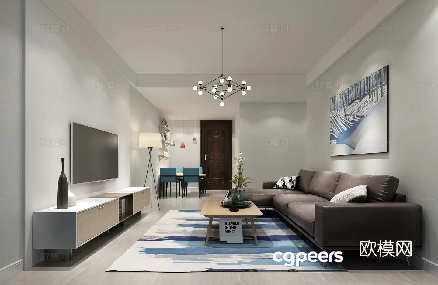 Modern home living room chandeliers dining table murals bedside table floor lamp coffee table commercial law 3D model
