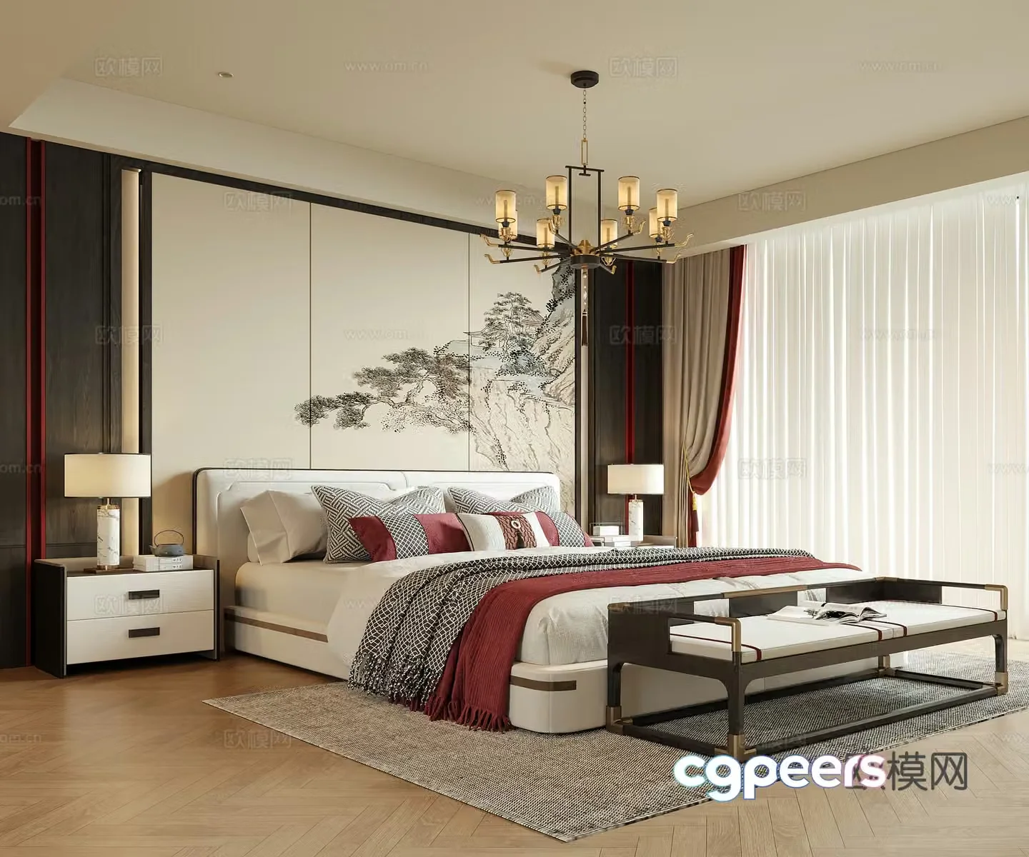 New Chinese style bedroom double bed bed tail stool bedside table bedroom chandeliers 3D model