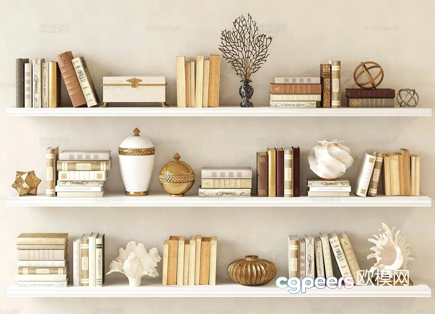 French retro old books Jewelry ornaments Old objects Golden sealed jar Coral 3d model