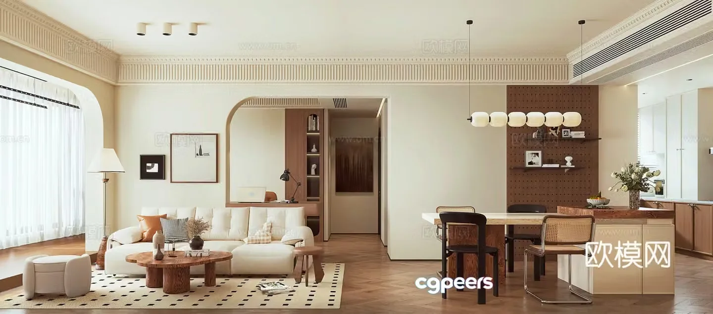 Modern medieval style living room fabric sofa combination dining bar dining chair combination TV cabinet dining side 3D model