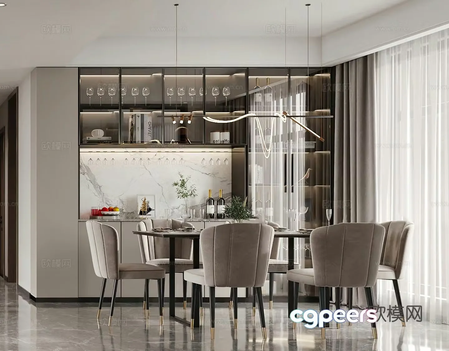 Modern light luxury restaurant wine cabinet dining table modern living restaurant simple chandeliers Italian restaurant 3d model