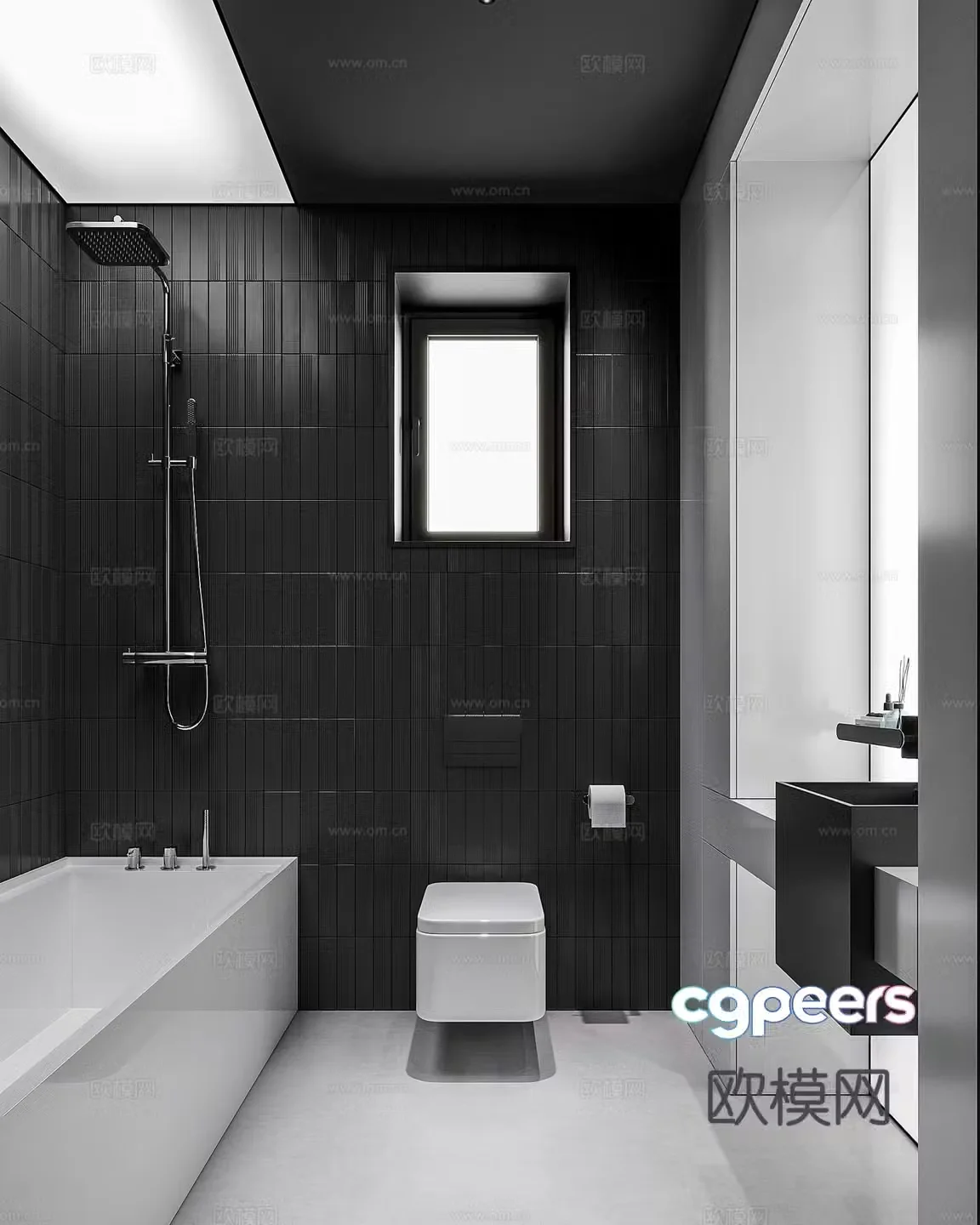 Modern premium gray bathroom black and white gray bathroom embedded bathtub wall-mounted toilet 3D model