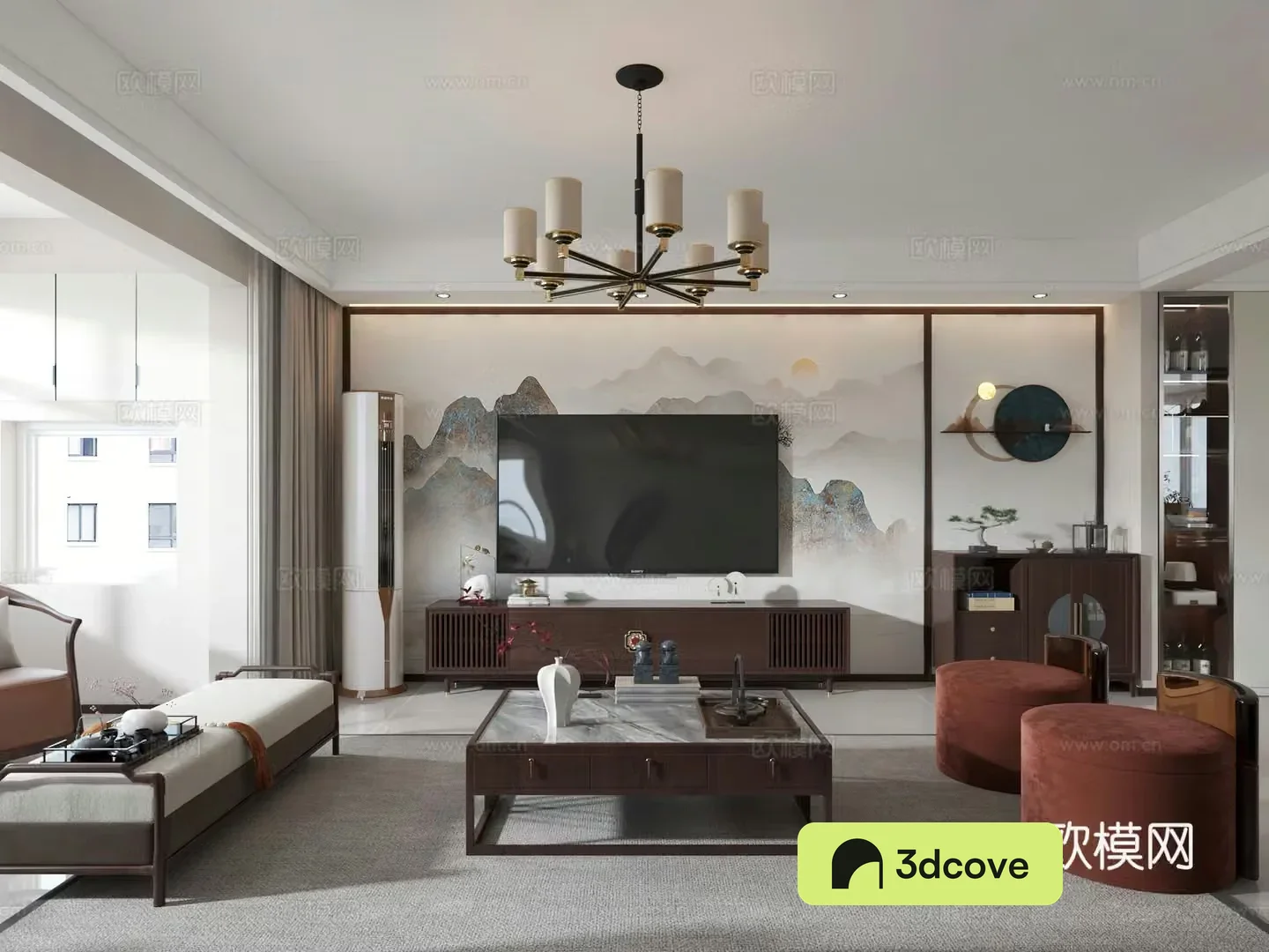 New Chinese style living and dining room open kitchen TV wall angled shoe cabinet