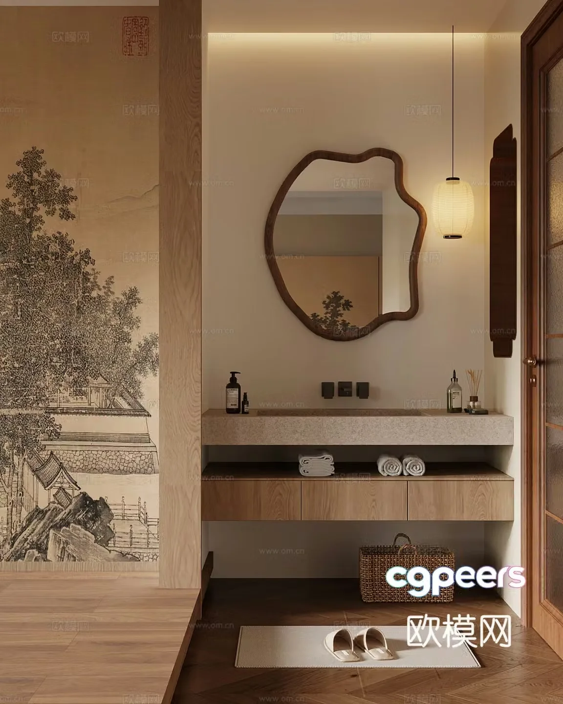 New Chinese style bathroom dry area bathroom cabinet mirror 3d model