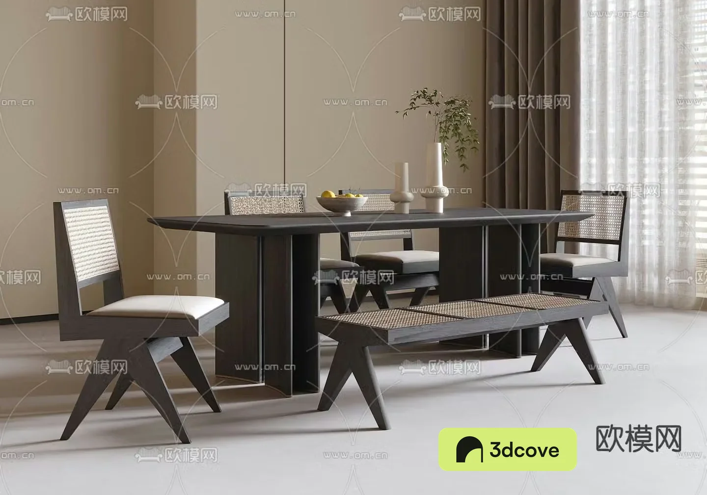Wabi-sabi dining table and chairs 3d model