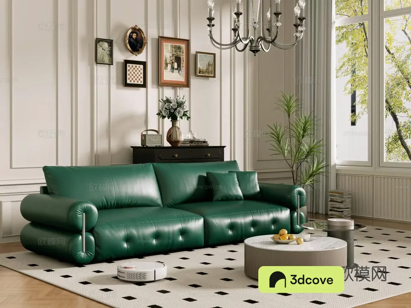 Middle-aged sofa combination coffee table carpet multi-person sofa 3D model