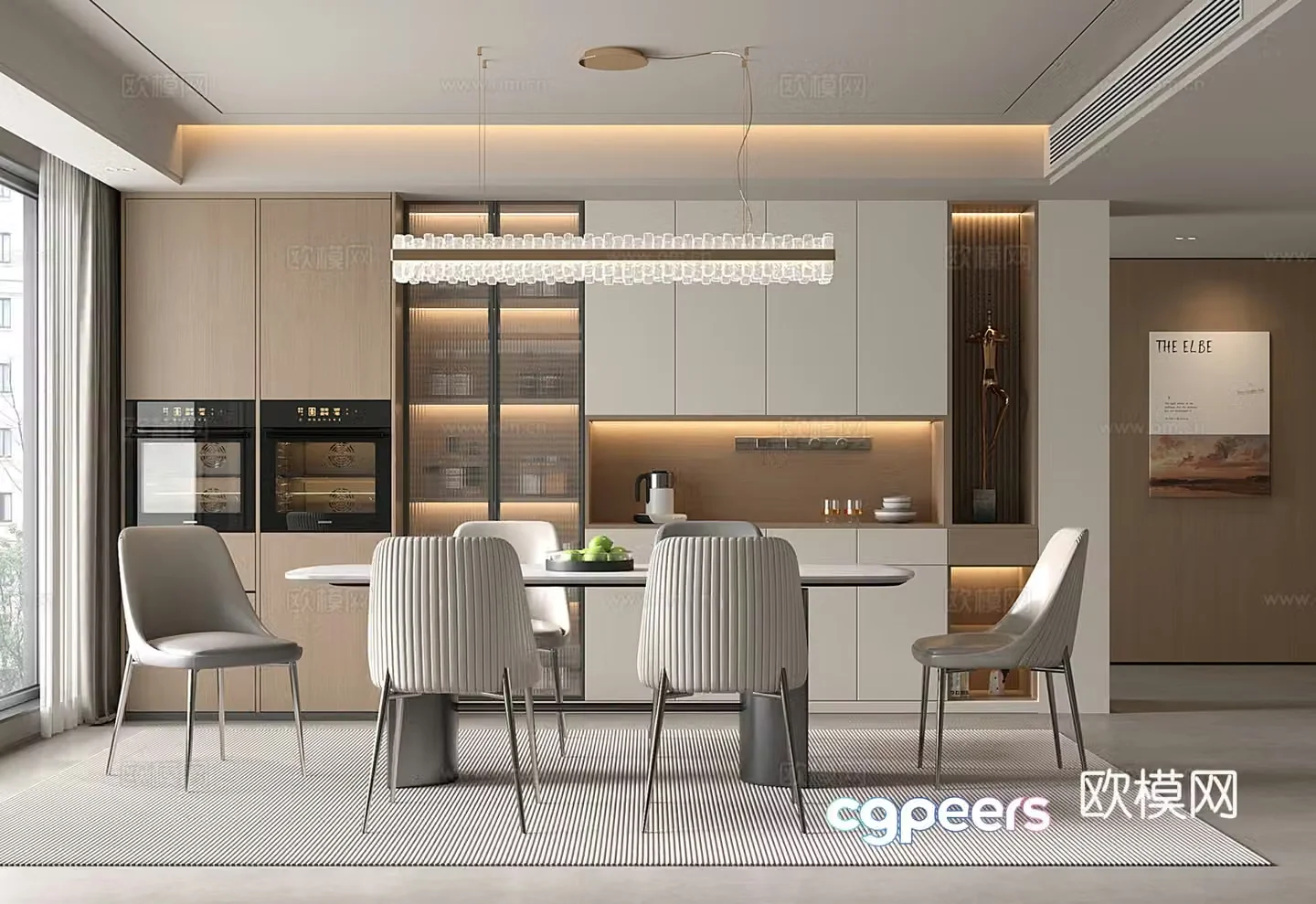 Modern restaurant dining table and chair wine cabinet chandeliers 3d model