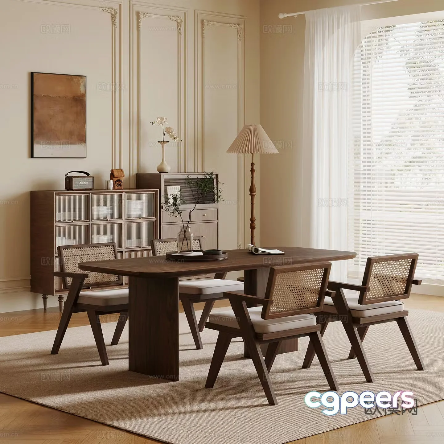 Restaurant French medieval restaurant Dining table and chairs Sideboard Floor lamp 3D model