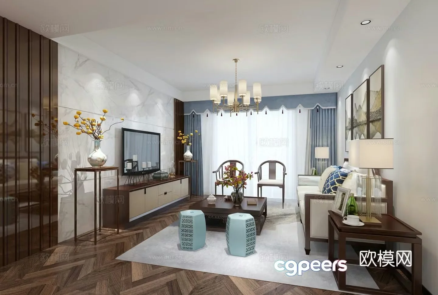 New Chinese style living room sofa chandeliers TV cabinet decorative painting carpet curtains 3D model