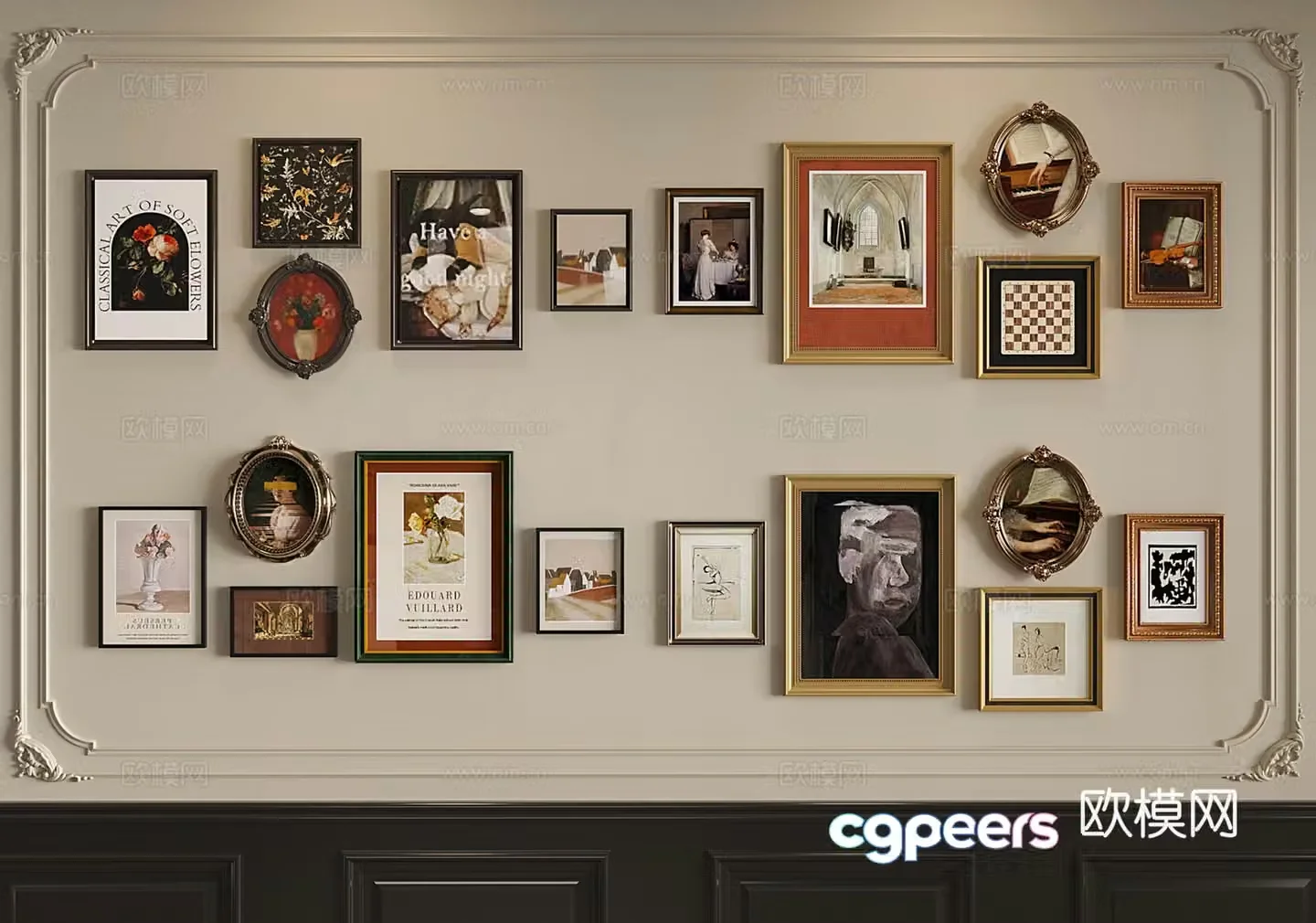 French hanging paintings retro decorative paintings murals background wall hanging paintings 3D model