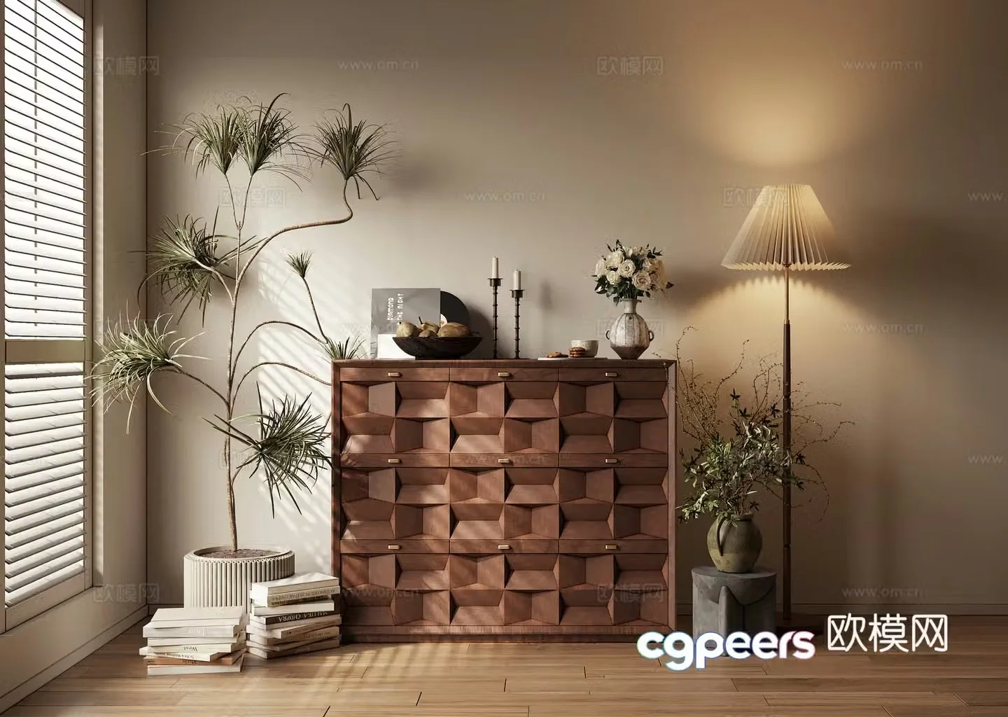 Low cabinet chest of cabinet decoration cabinet storage cabinet floor lamp ornament potted plant 3D model