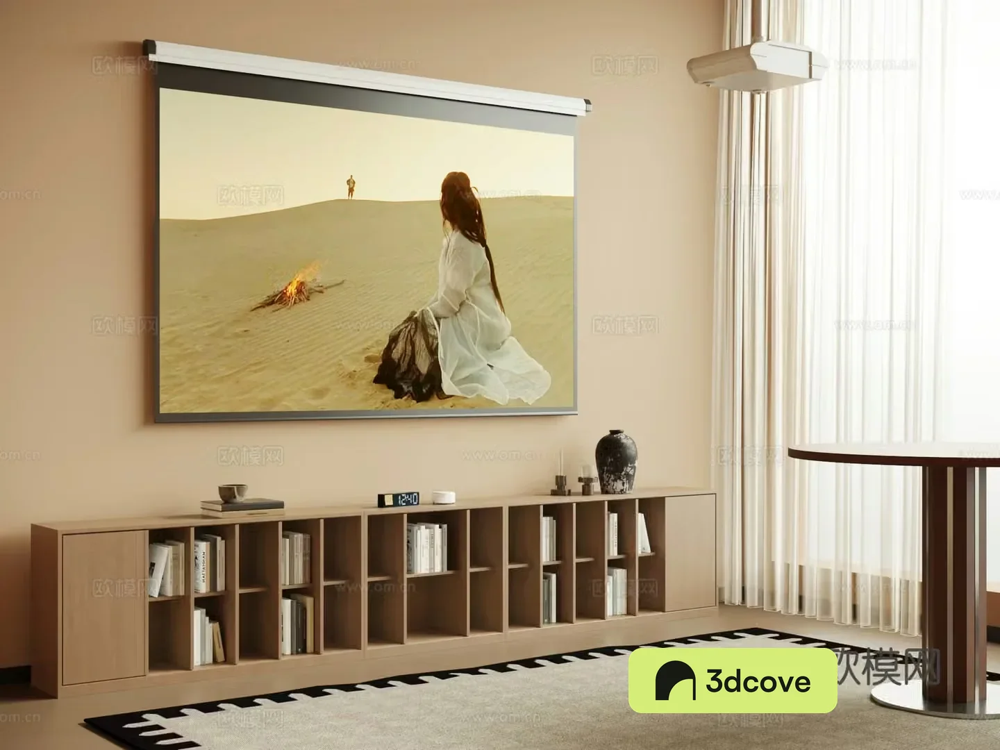 Middle-aged low cabinet bookcase projector curtain 3d model