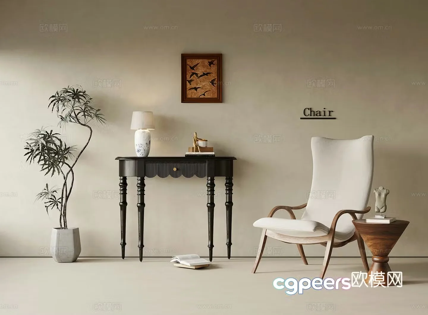 End view cabinet French retro style End view cabinet End view cabinet Leisure chair Side table Green plant 3D model