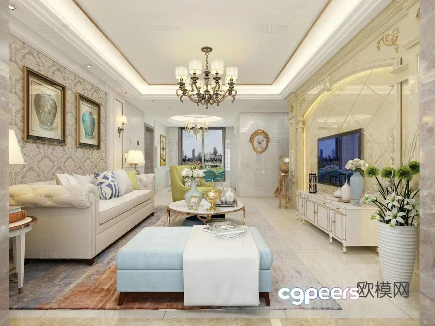 European style living and dining room decorative painting dining table and chair combination chandeliers TV cabinet sofa and coffee table 3D model