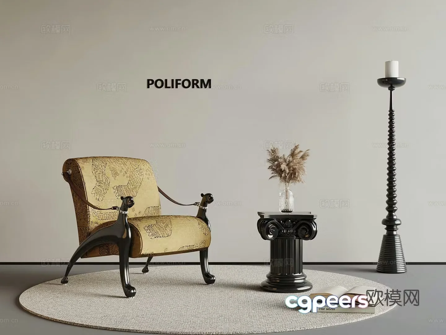 European style leisure chair side and corners vase ornament combination 3D model