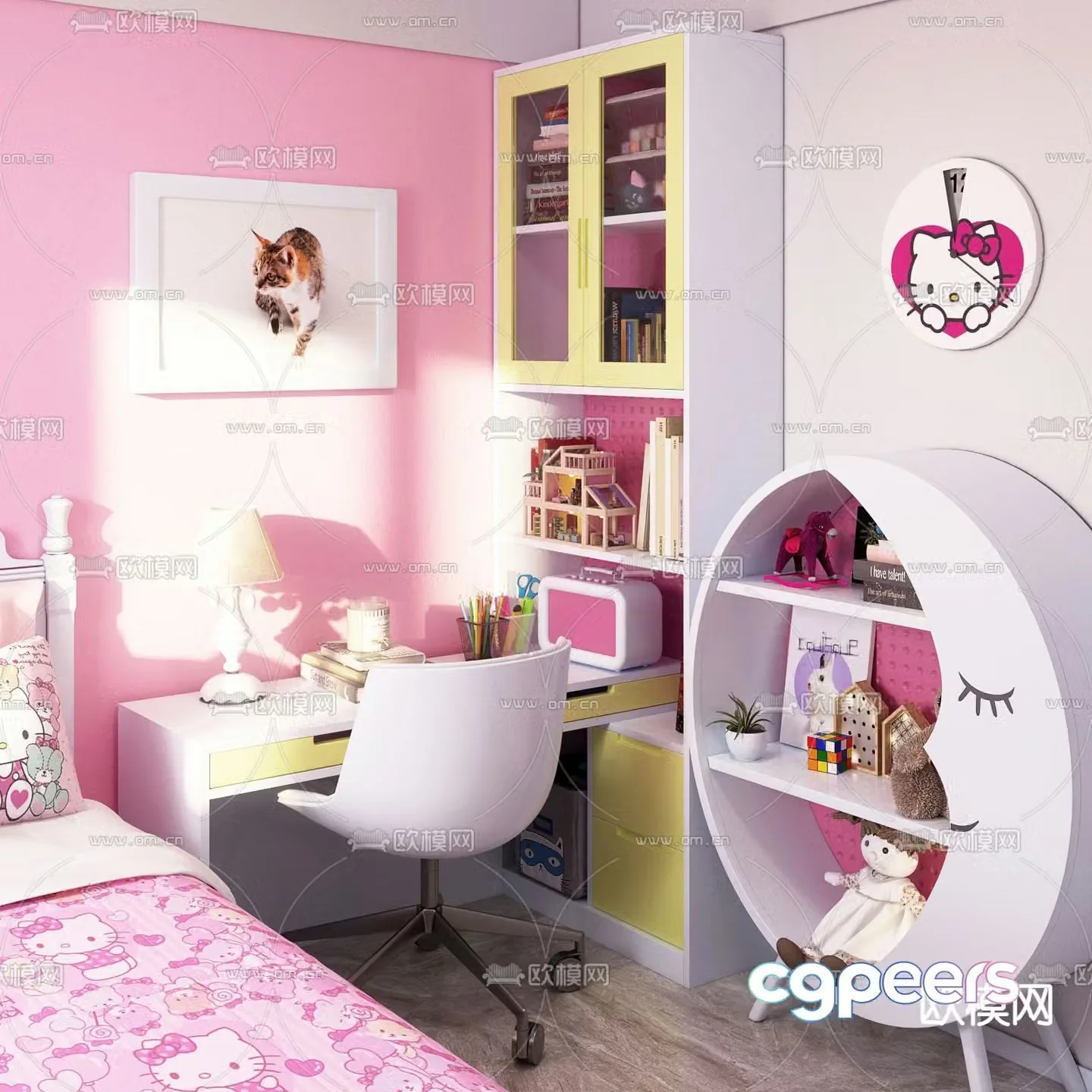 Modern children’s princess desk moon bookcase 3d model