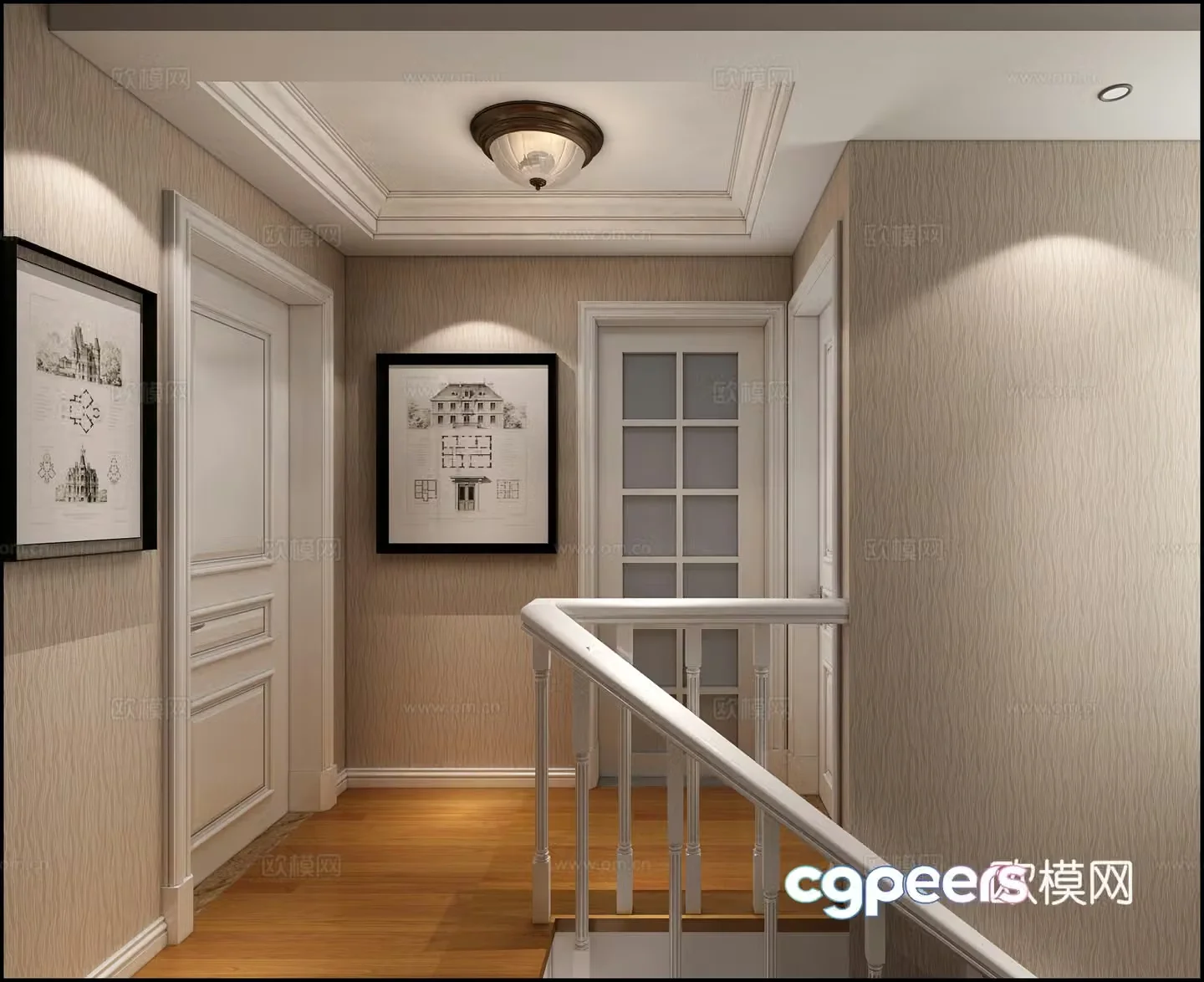 Modern simple American duplex sofa chandeliers open kitchen stair curtains bar 3D model hanging paintings