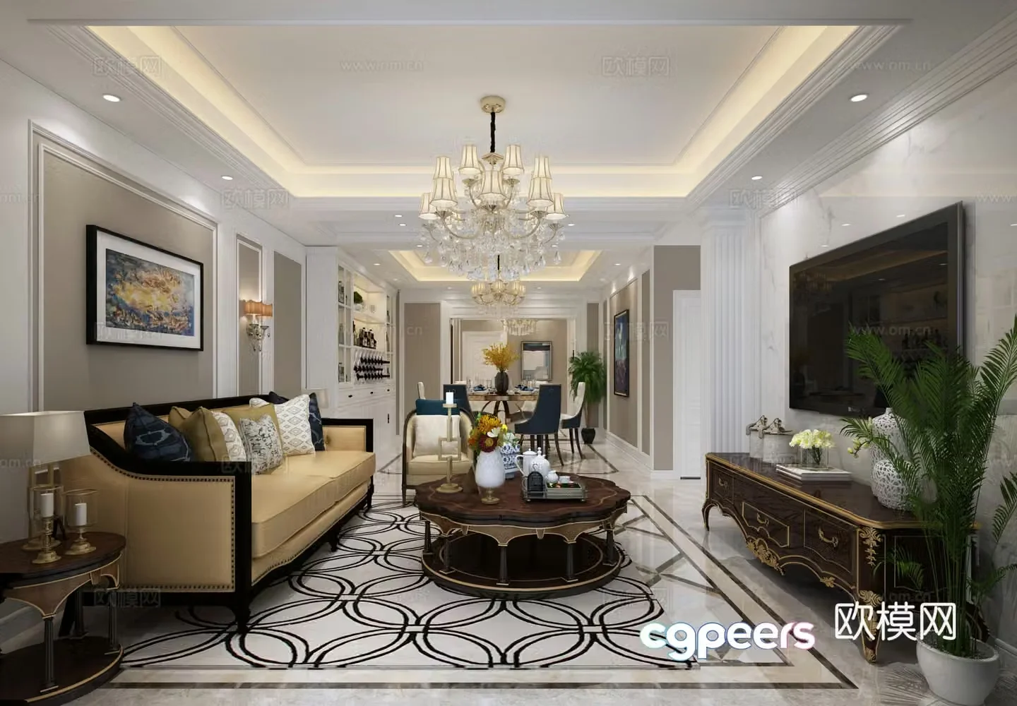 European-style simple living restaurant sofa coffee table chandeliers TV cabinet paintings dining tables and chairs 3D model
