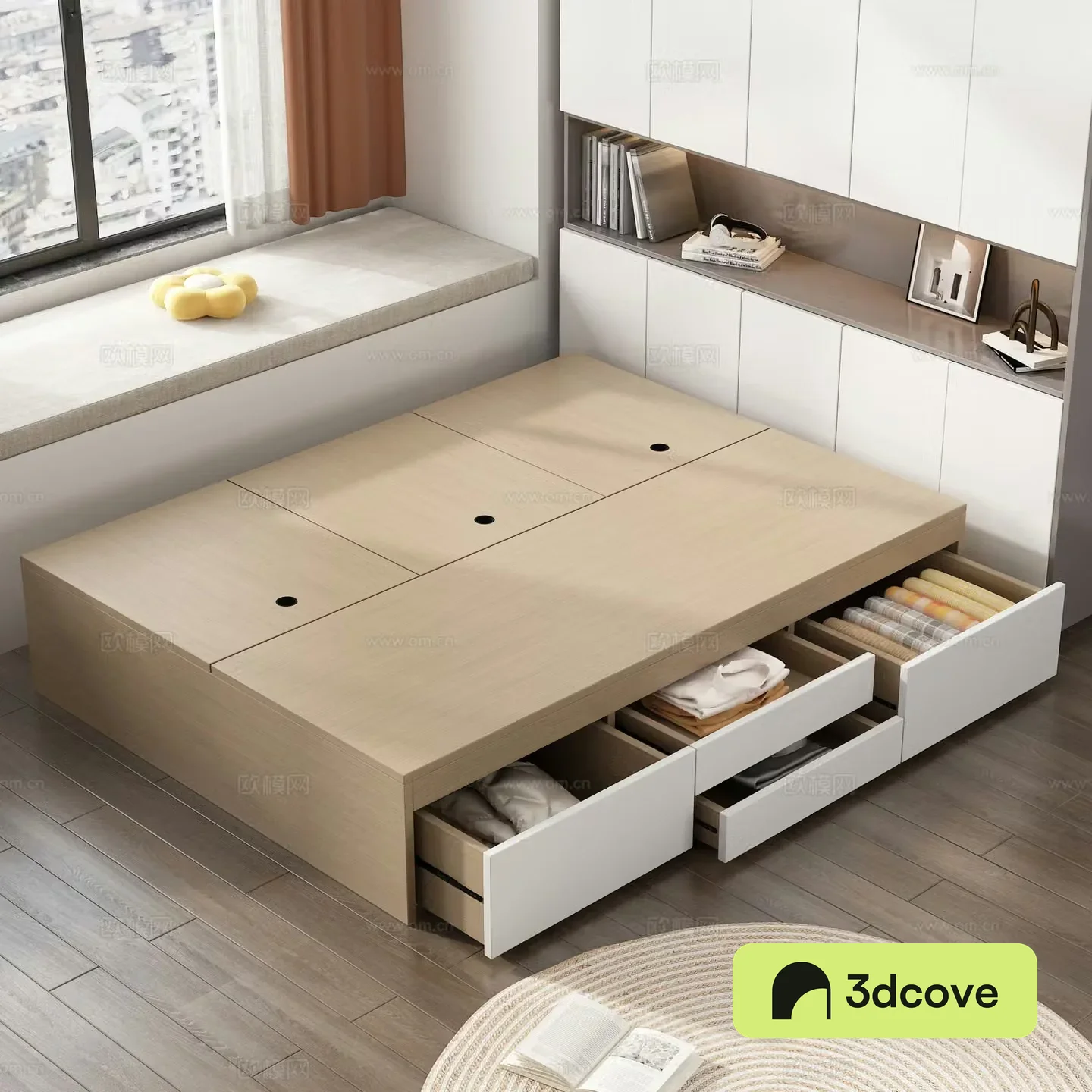 Tatami solid wood push and pull bed Folding clothes Locker Books Pillow Bathroom Window Ornaments