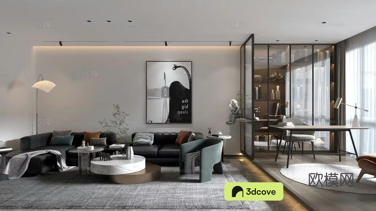 Modern living room and study integrated