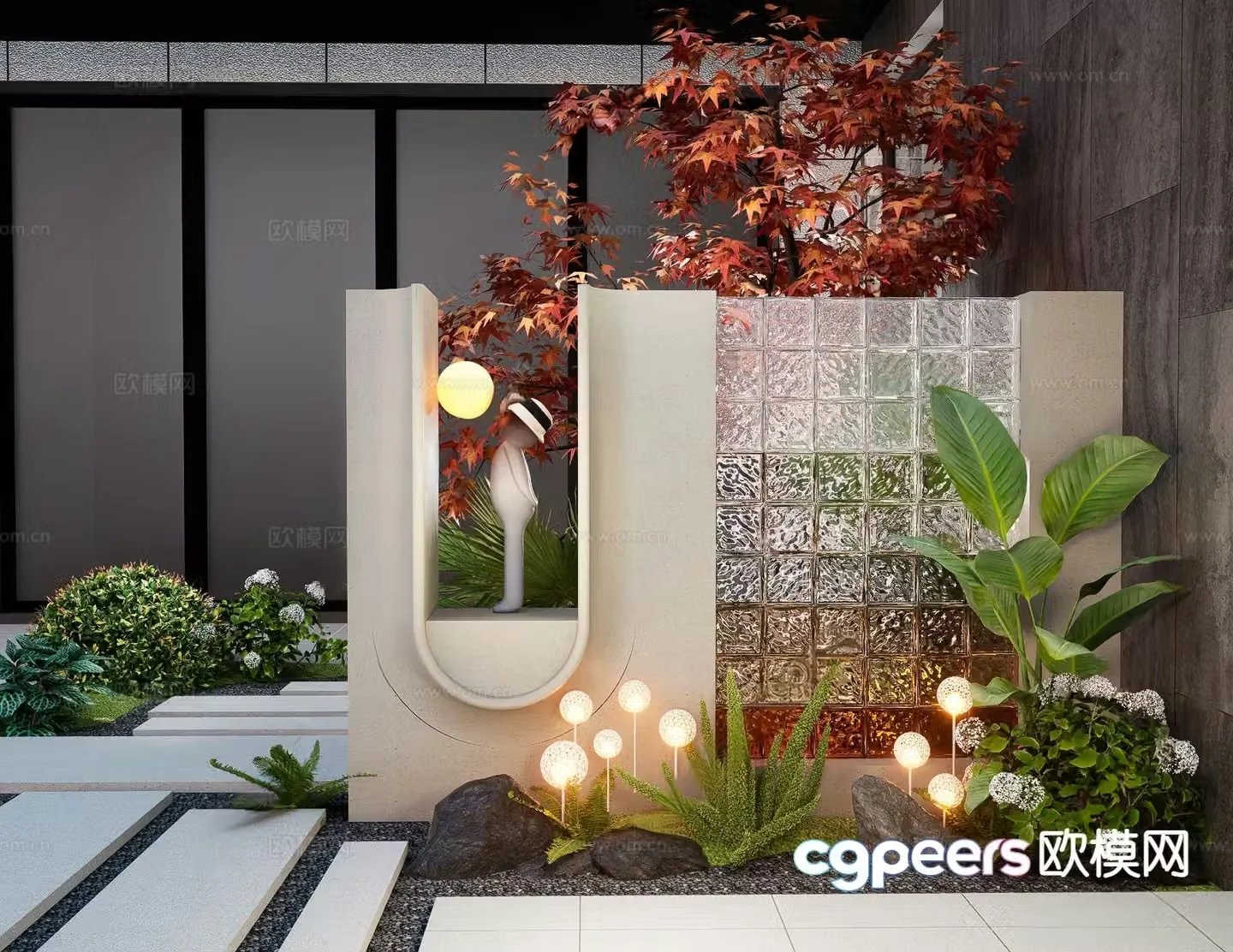 Modern glass brick landscape wall 3d model