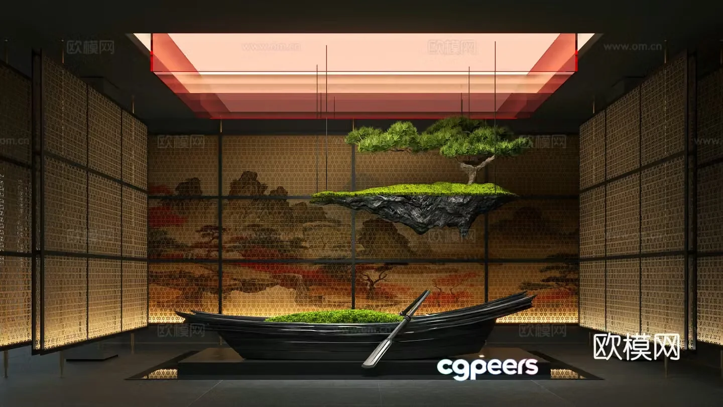New Chinese style interior landscape landscaping hanging trees ship installation 3D model
