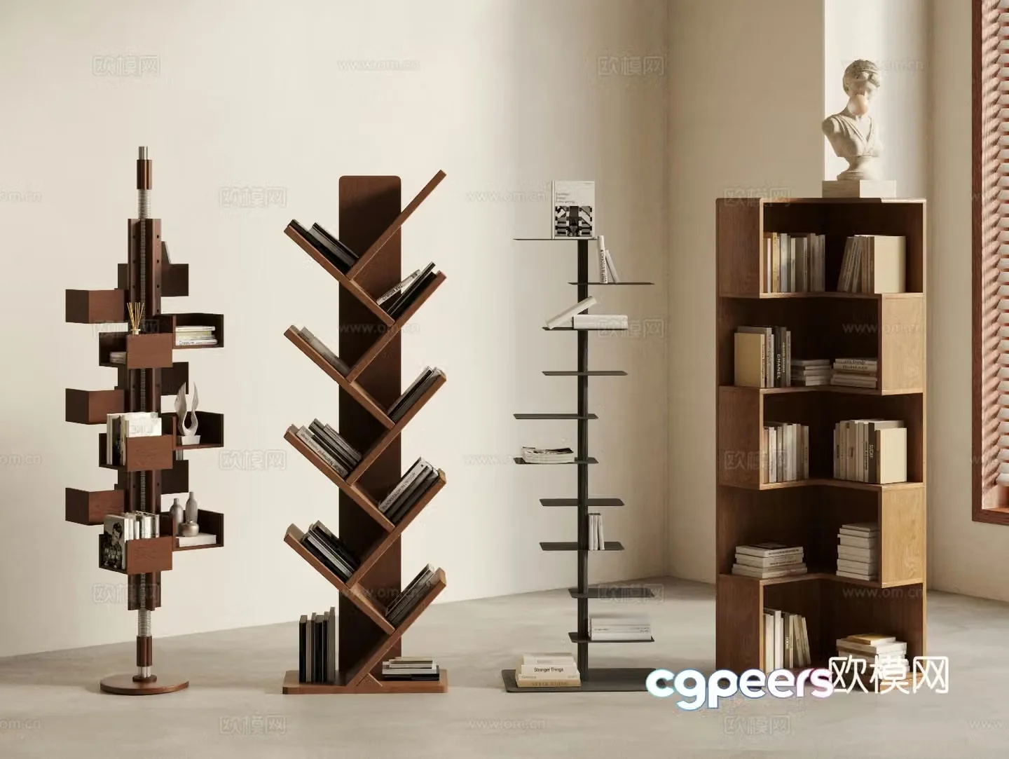 Modern Middle Style Bookshelf Rotating Bookshelf Corner Bookcase Books Ornament 3D Model