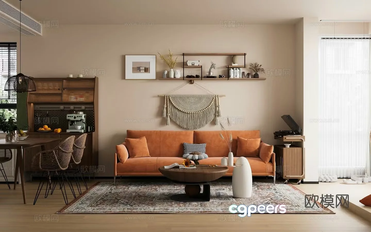 Modern retro living and dining room 3d model