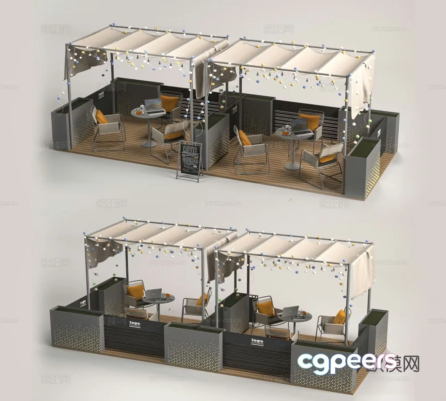 Modern commercial outdoor tables and chairs awnings atmosphere decorative lights fences LED signboards 3D models