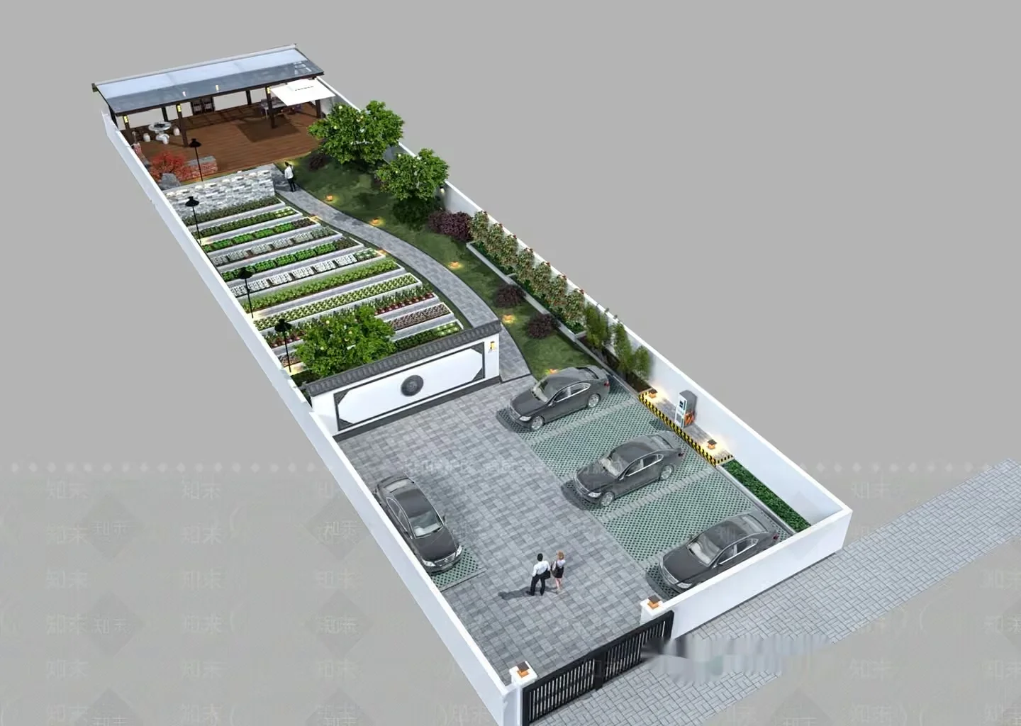 A 3D Rendering Of A Parking Lot With A Garden And A Building 3D Model – 12752 – VRAY Render