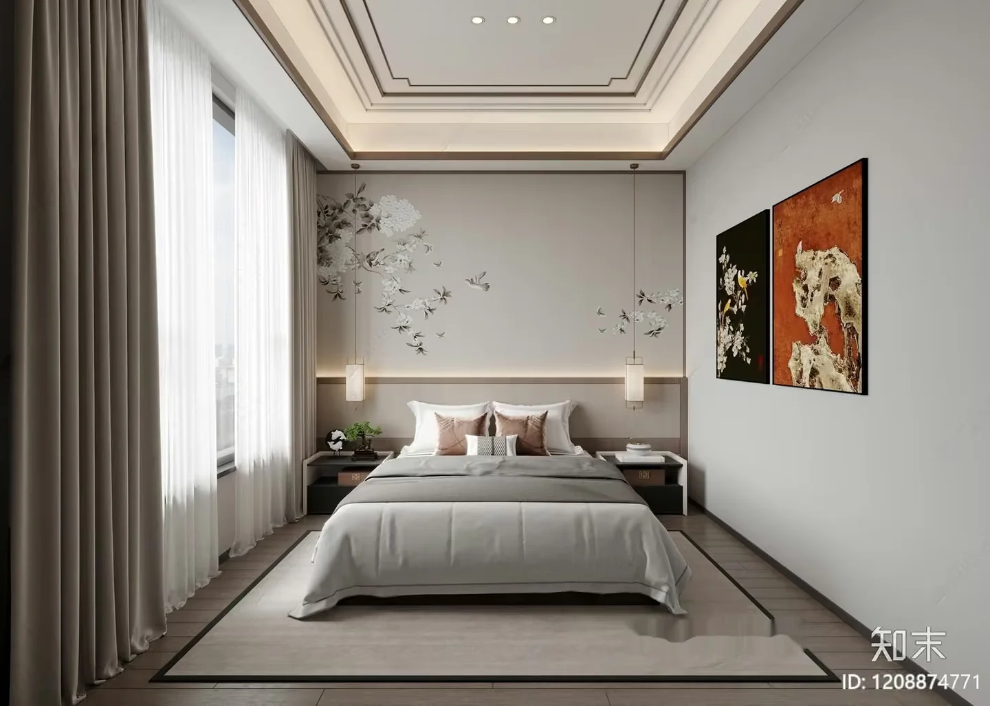 A Serene Bedroom With A Large Bed 3D Model – 2403 – VRAY Render