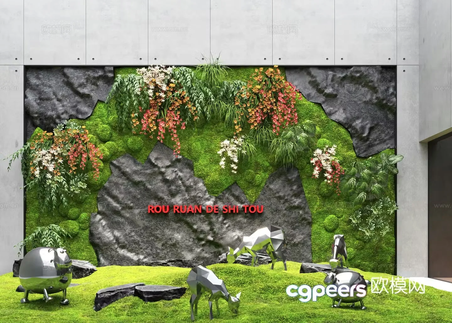Modern interior landscape landscaping moss landscape plant wall landscape wall metal installation sculpture 3d model