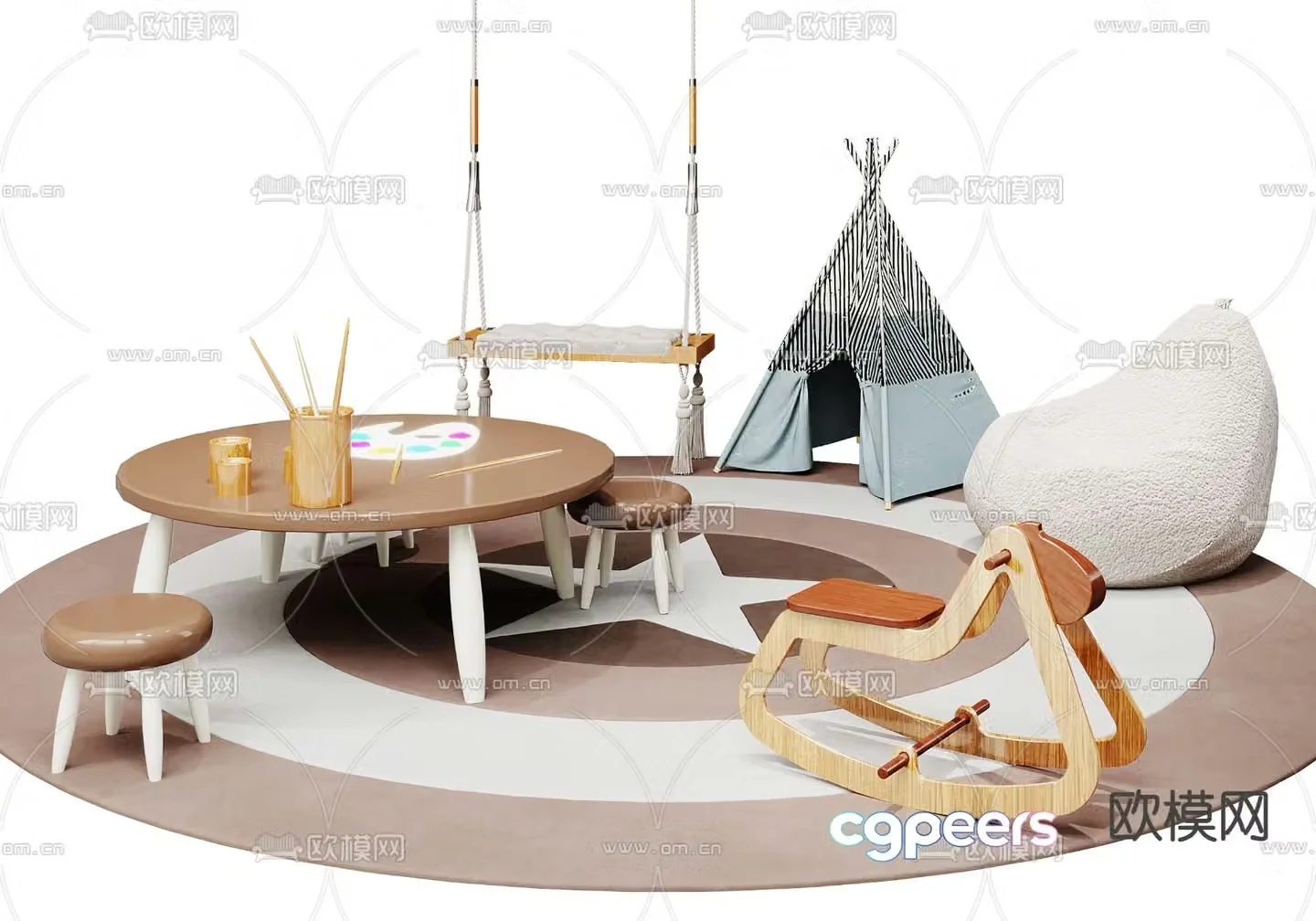 Modern round children’s table and chairs tent 3d model