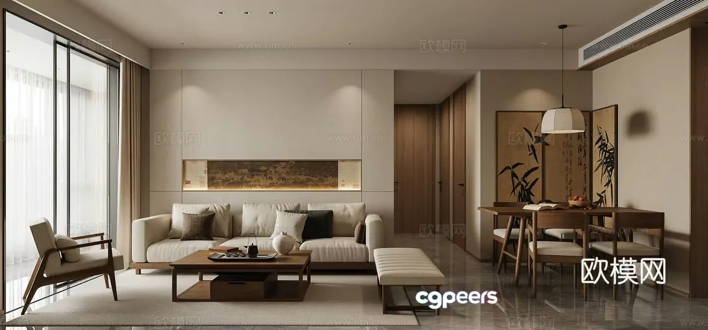 Middle style living room combination sofa middle style living room dining table new Chinese style living room homestay 3D model