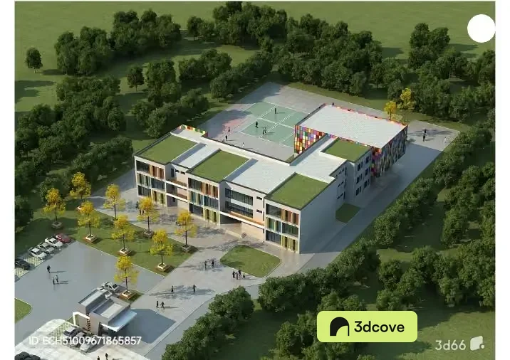 A Large School Building With Green Roofs