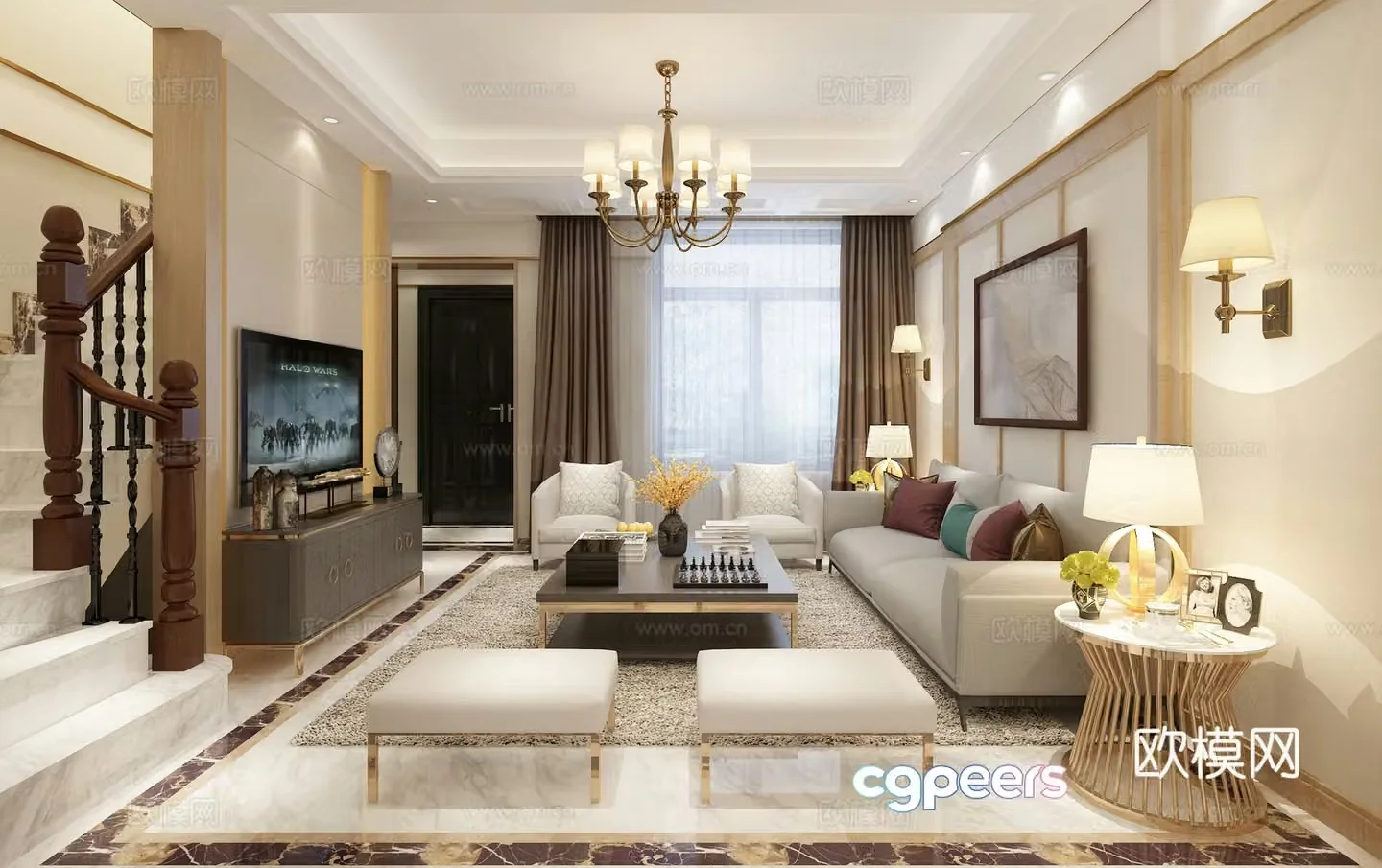 New Chinese style living and dining room chandeliers sofa 3d model