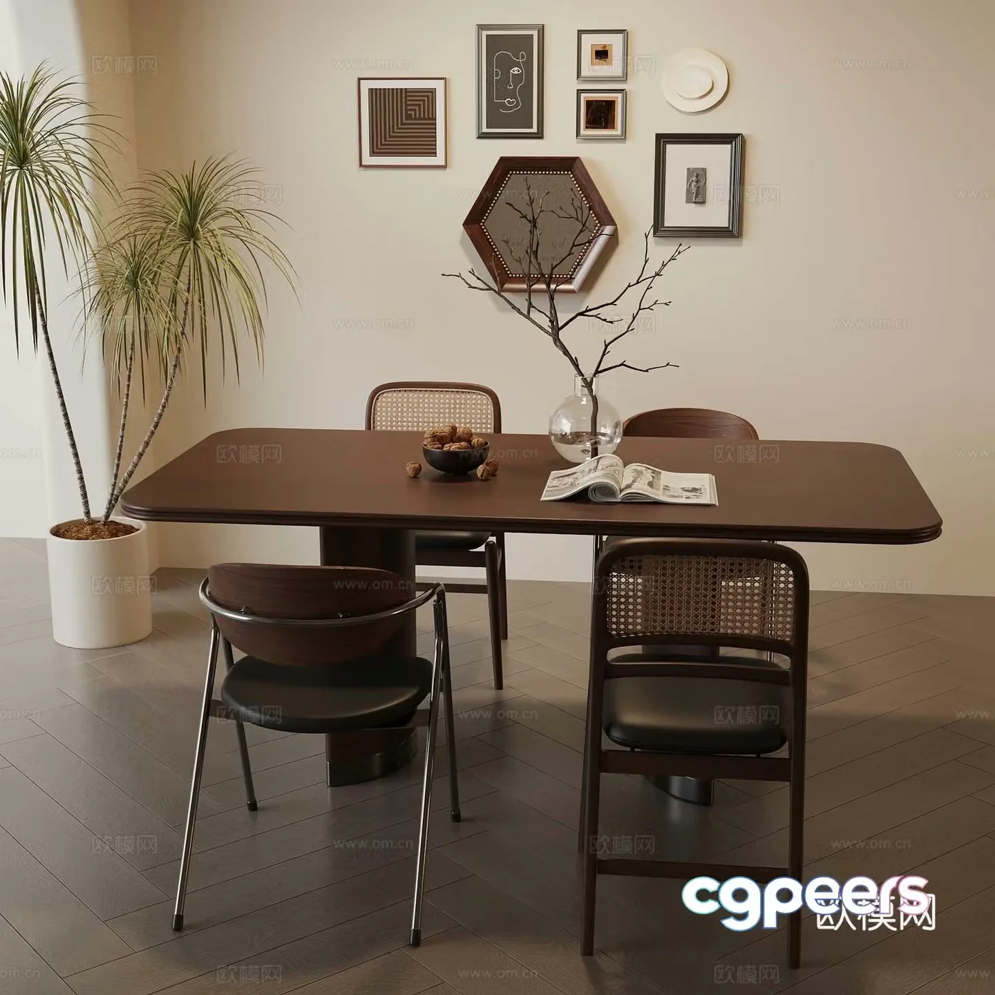 Medium style dining table and chair 3D model