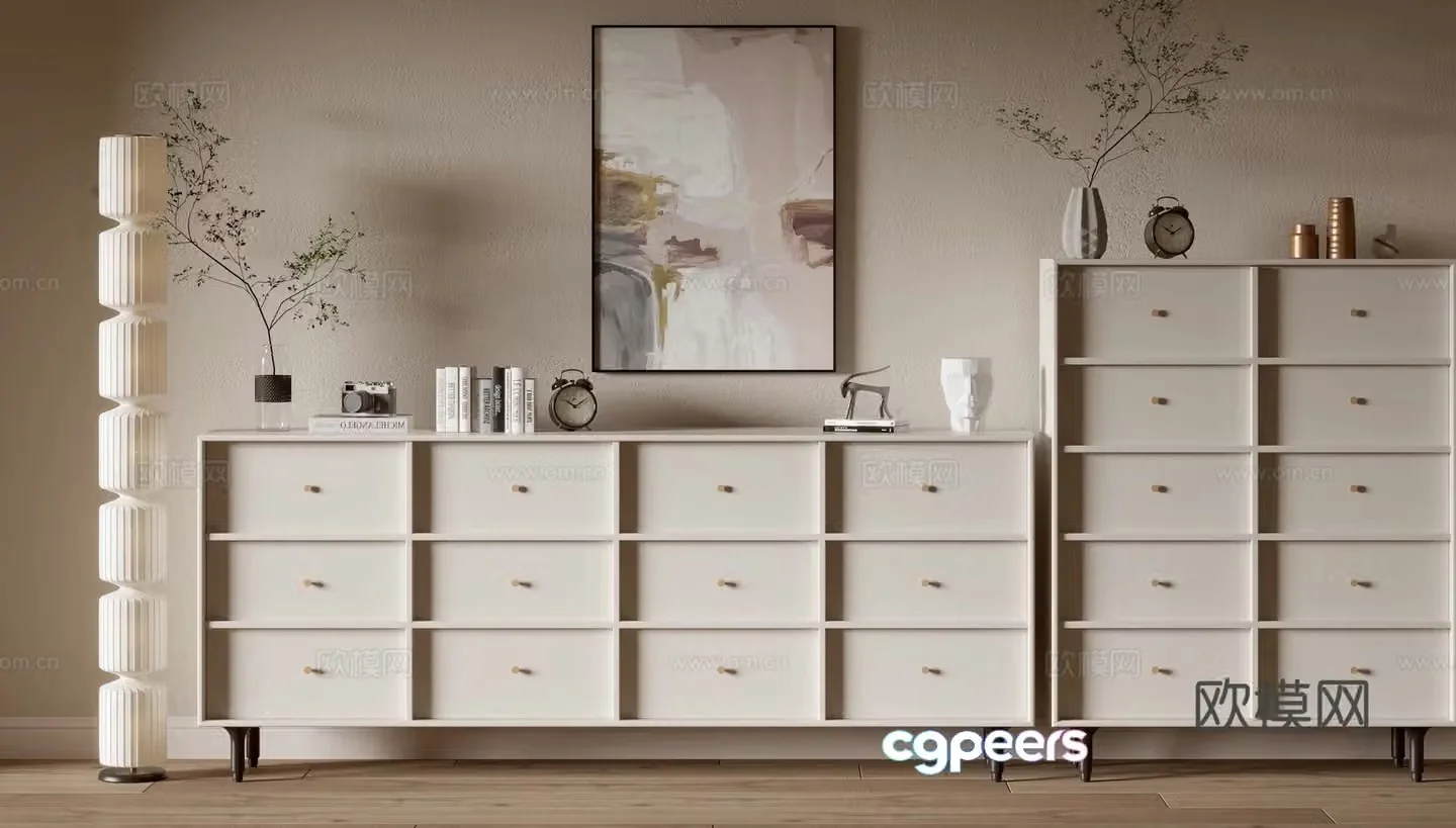 Cream style side cabinet chest of drawers low cabinet 3D model