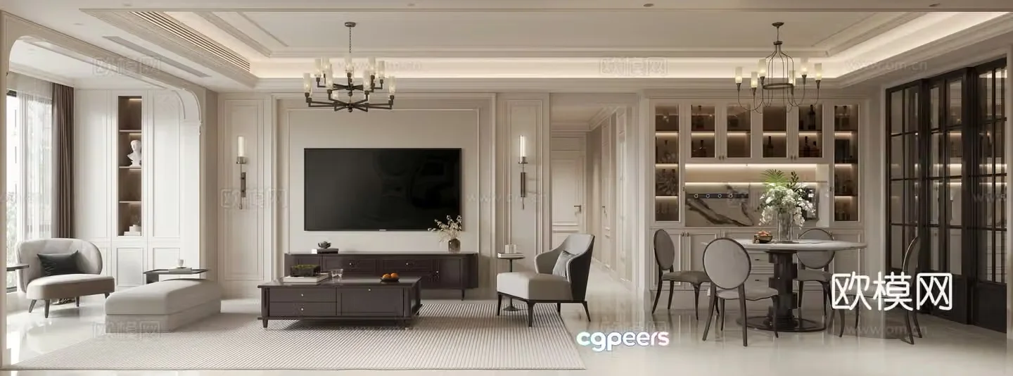 French retro living and dining room 3d model